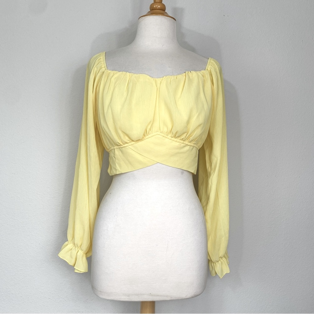 Lyaner Yellow Puff Sleeve Sweetheart Tie Cropped Peasant Blouse Top Size L Boho